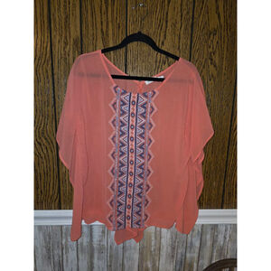 Women's Blu Pepper Coral & Blue Embroidered Blouse L